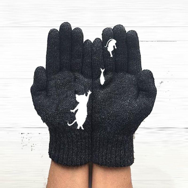 

Cat Fashion Women And Fish Print Knitted Gloves Winter Warm Full Finger Mittens чёрный
