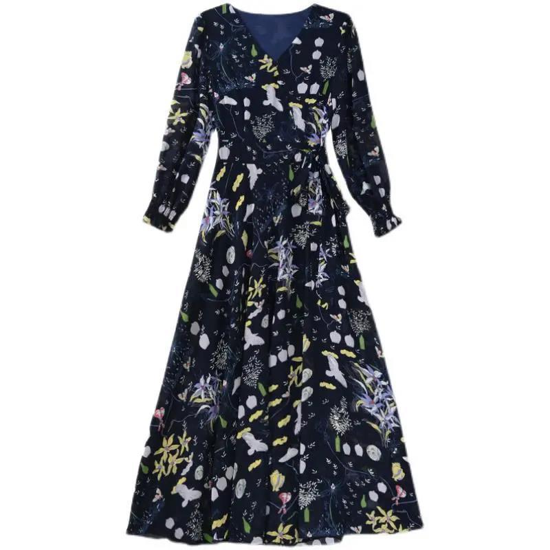 Elegant Floral Print Chiffon Dress Women's Spring Summer French Style V-neck Knee-length Fashionable Empire Waist Dresses