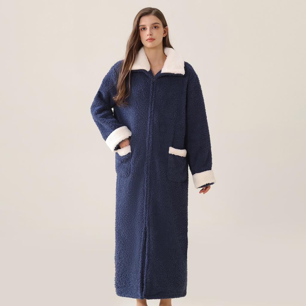 Men's Plush Bathrobe Zipper Up Long Housecoat Winter Warm SPA Fleece Duster Robe with Pocket Flannel Full Length Loose Fit Nightgown Sleepwear for Men
