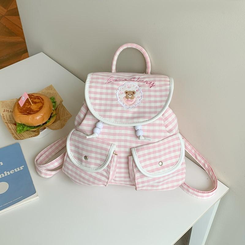 Letter Small Dog Embroidered Checkered Pattern Cartoon Backpack For Daily Use
