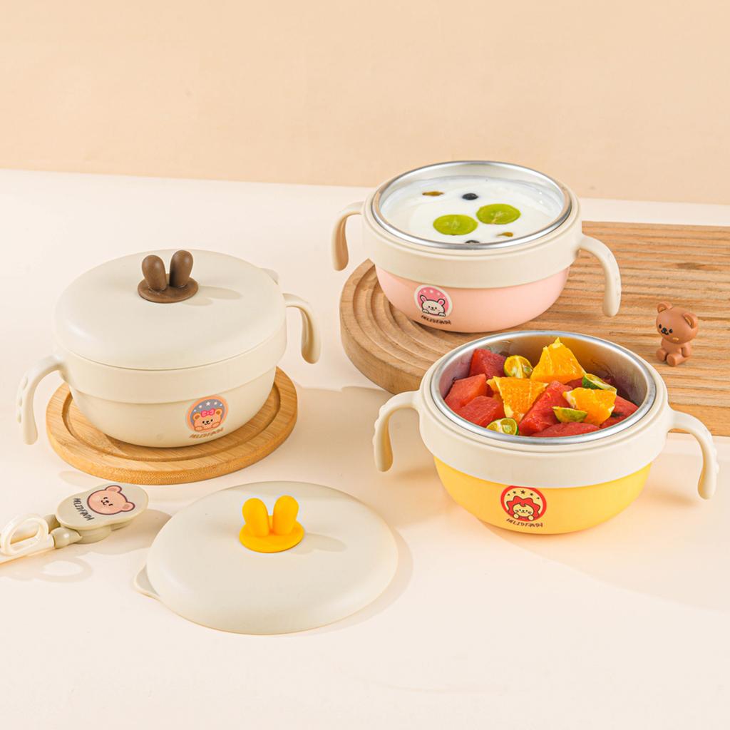 316 Stainless Steel Rice Bowl Children Tableware Anti-scald Food Container With Cutlery Double Handle Kid Feeding Bowl