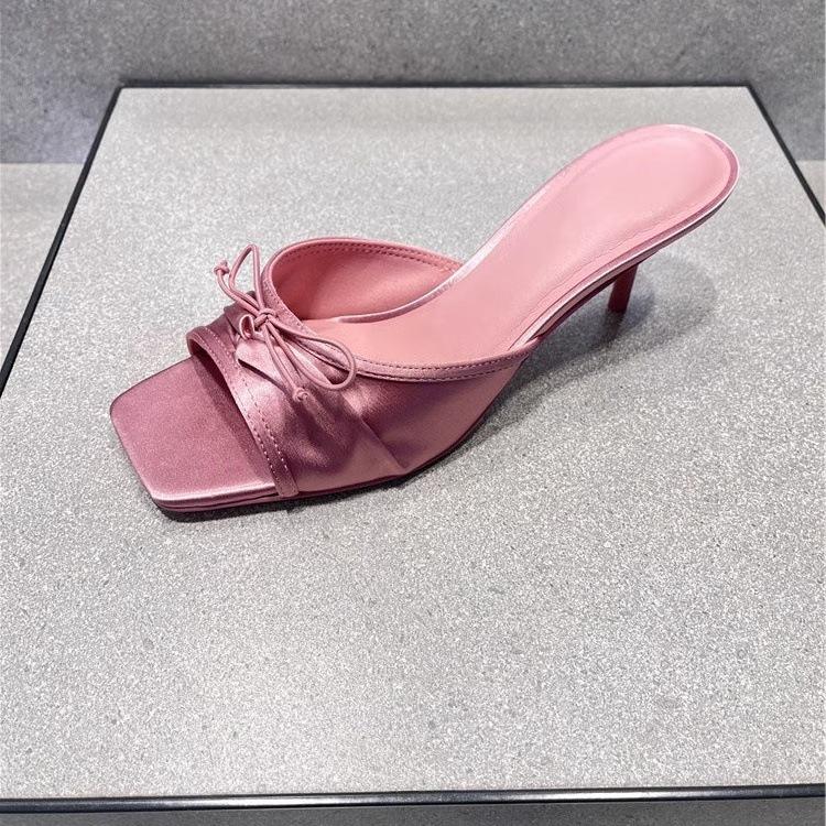 

French bow floral high-heeled sandals one-word slippers women s outer wear 2025 summer new stiletto sandals 40 розовый