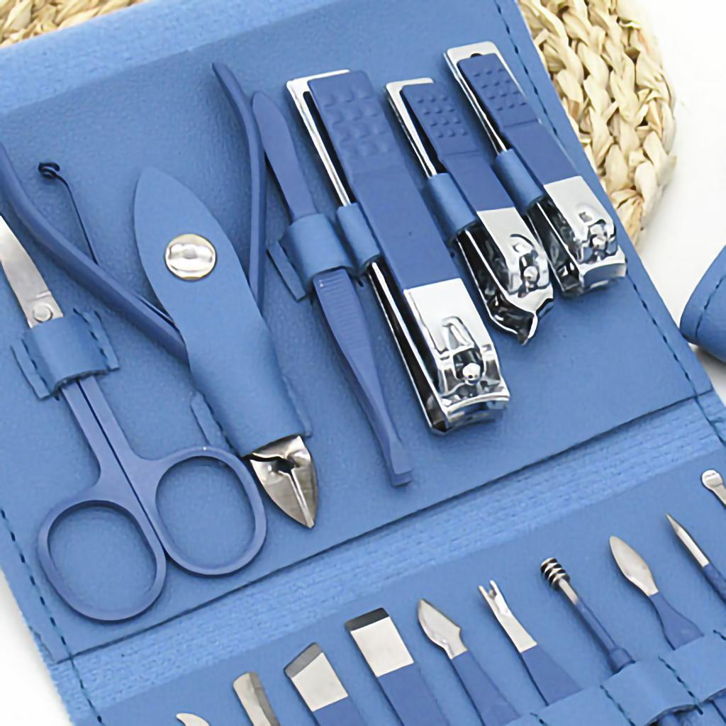 16pcs Steel Nail Clippers Set Steel Manicure Set Professional Pedicure Grooming Kit Blue