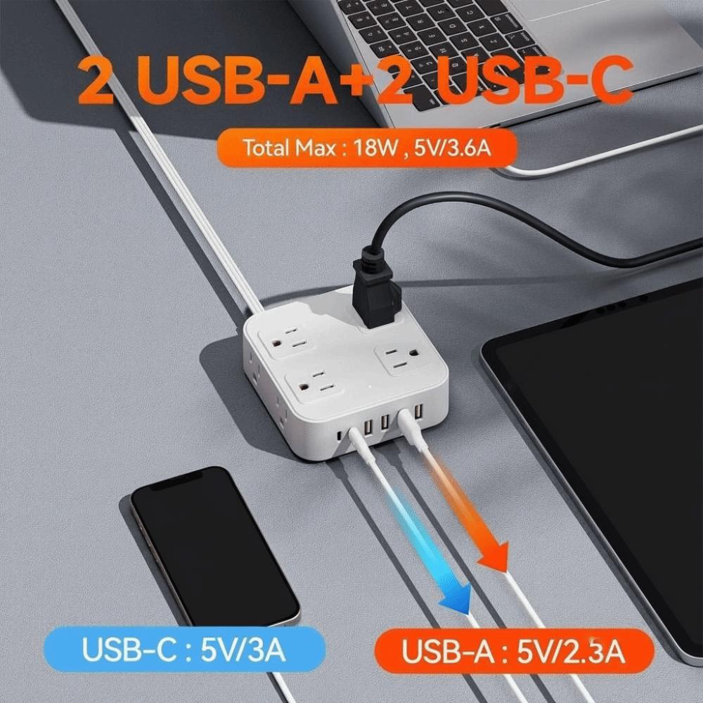 Flat Plug USB Ports Plug Strip 6 USB Ports 8 AC Outlets Supports Multiple Devices Extender US Standard Socket Strip Safe