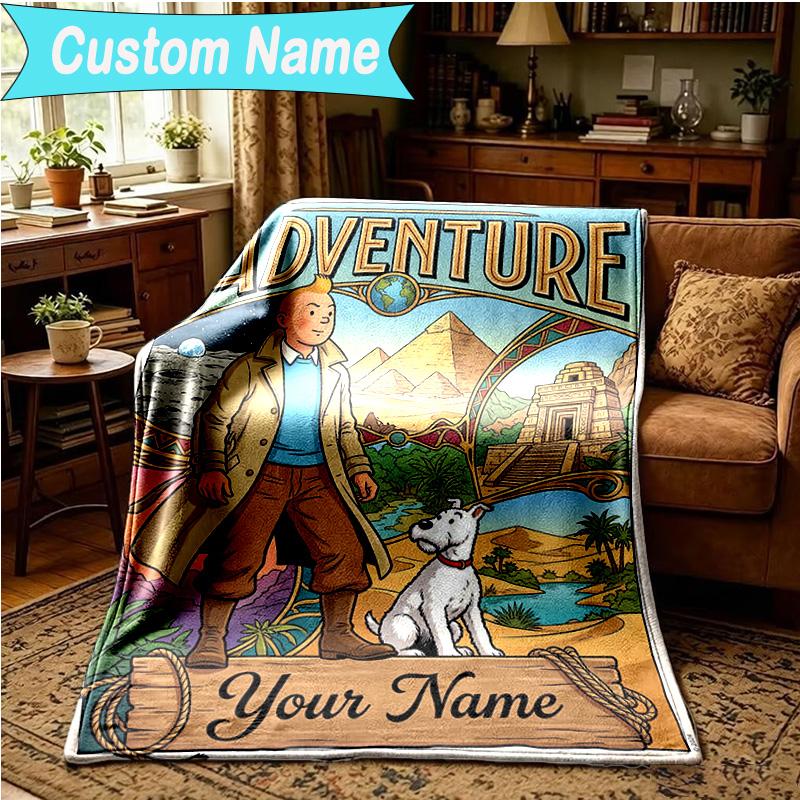 1PC Custom Name Blanket Tintin's Adventure City Flannel blankets Patterns Throw Blanket All-Season Soft Gift for Couch, Bed, Camping, Birthday gifts