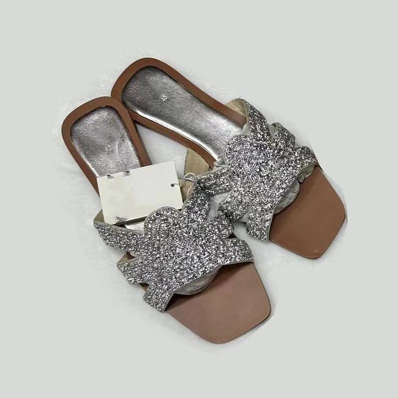 Fashion Women Flat Slippers Luxury Shiny Rhinestones Roman Outdoor Beach Slides 2025 Summer Daily Breathable Hollow Gold Female Shoes