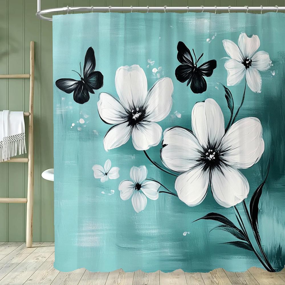 Beautiful And Elegant Blue Flowers Shower Curtain Partition Hanging Curtain With Hooks Washable Home Decoration Curtain