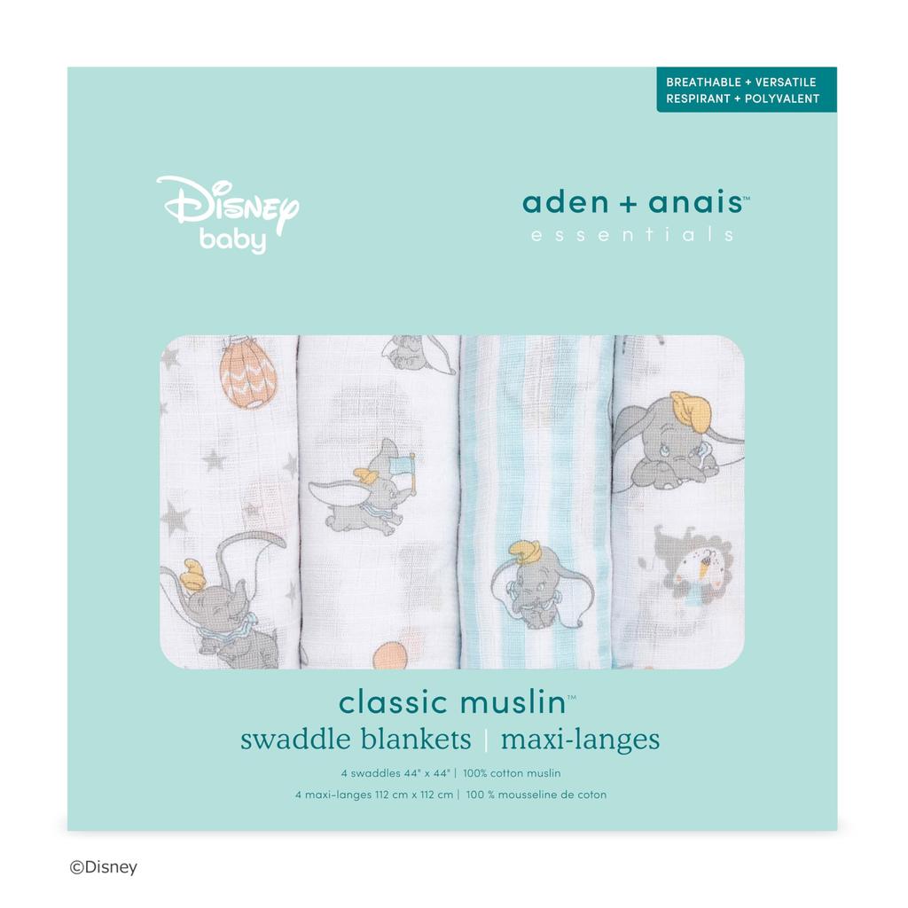 aden + anais essentials 4-piece swaddle set featuring Disney's Dumbo, 112x112cm, made of muslin cotton. Ideal for newborns, soothes crying babies, and