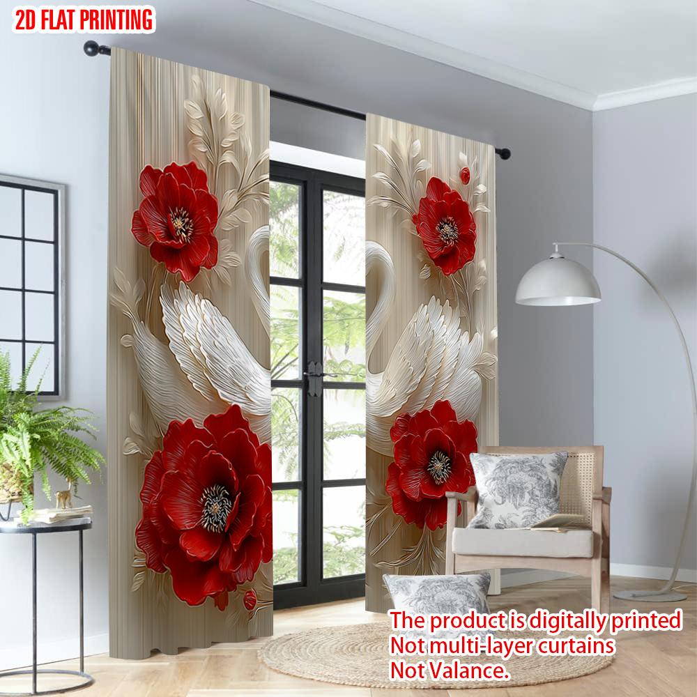 Set aus 2 flachen Druck-Fenstervorhängen Weiße Schwäne Rote Blumen Digital bedruckte Polyester-Vorhänge Geburtstagsparty-Nutzung Feiertagsvorhang