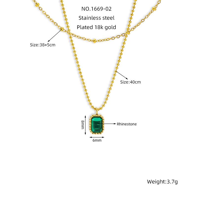 Fashion Versatile White Zircon Square Stainless Steel Stud Earrings Necklace Set French Simple Titanium Steel Decoration