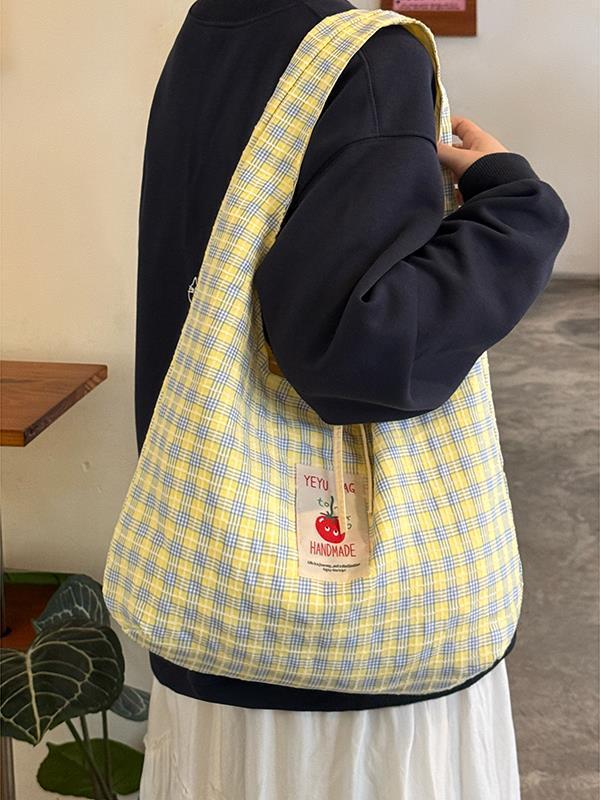 Korean small fresh double-sided plaid canvas bag casual large-capacity shoulder underarm bag college style tote bag