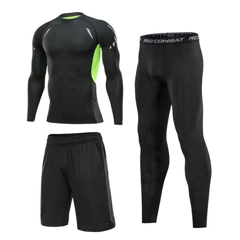 Pánské rychleschnoucí sportovní oblečení z ledového hedvábí s těsným střihem: Set s krátkým rukávem a pětibodovými kalhotami na letní fitness a běh