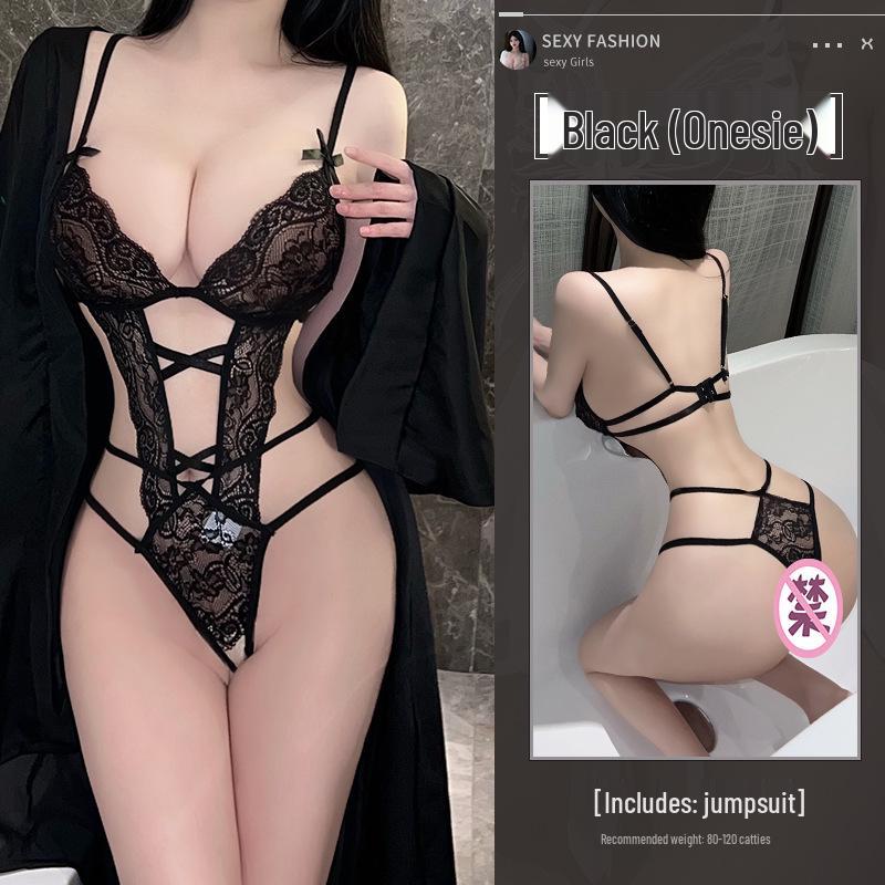 Seductive Lace Bodysuit & Nightgown Set: Tempting Hollow Design