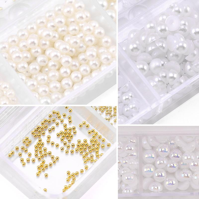 6-Grid Nail Art Pearl Ab Symphony Semicircle Abs Pearl Small Steel Ball Mixed Nail Jewelry