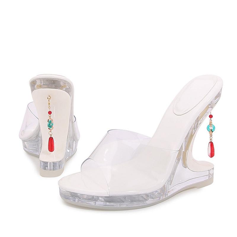 Liyke New Design Gem Pendant Strange Clear Heels Platform Wedge Slippers PVC Transparent Sandals Women Summer Party Prom Shoes