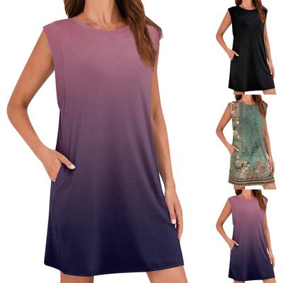 Vestido de verão feminino casual solto sem mangas gola redonda vestido camiseta