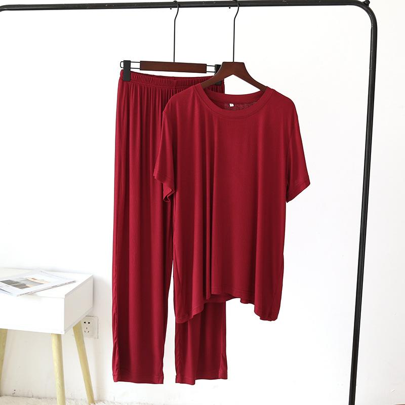 Frühling und Sommer Neue Damen Pyjamas Kurze Ärmel + Hosen Zwei-stück Modal Dünne Lose Große Größe Einfarbig Homewear Anzug