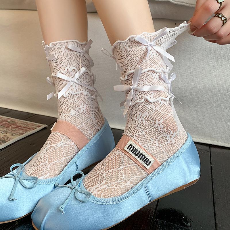 Female Spring and Summer Thin Ballet Style Bow Three Layers of Lace Lace In The Tube Pile Socks