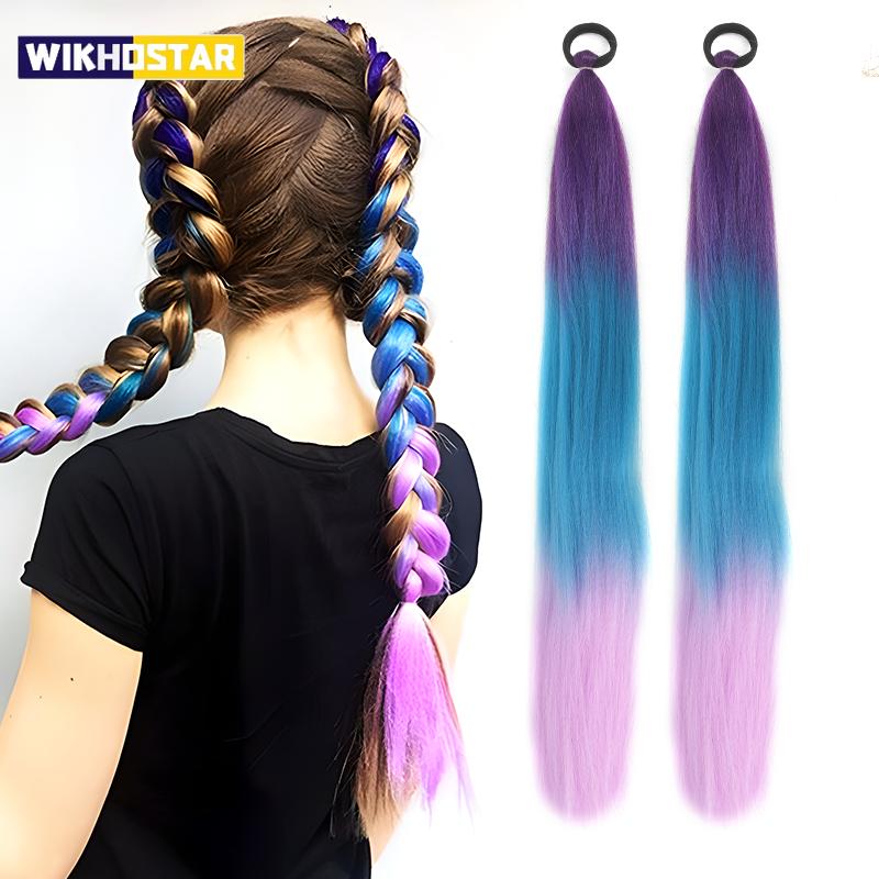 Synthetische Pferdeschwanzverlängerung mit elastischem Haargummi 26" lang glatt gefärbt Flechtzopf Pferdeschwanz Ombre Pink Lila Blau