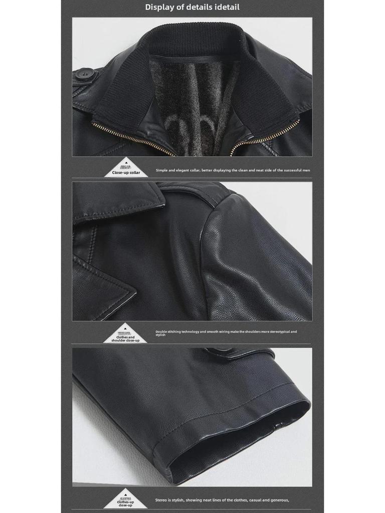 Men's Long Sheepskin Leather Winter Jacket with Velvet Lining, Windbreaker, Soft Leather Suit Collar