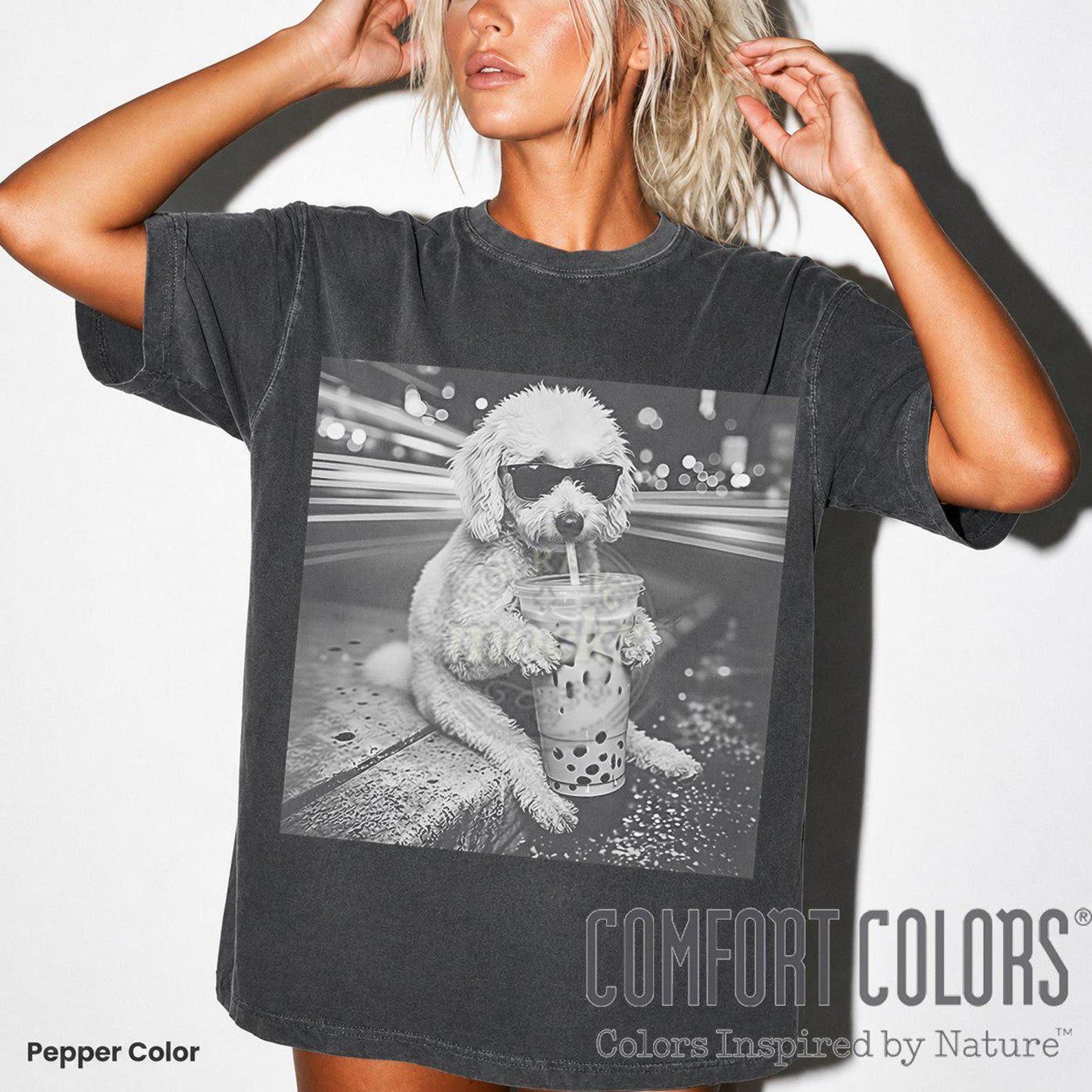 Poodle Drinking Iced Coffee Shirt, Funny Animal Meme Tee, Dog T-Shirt, Comfort Colors Poodle Tee, Poodle Drinking Boba Shirt, Dog Lover ID 2XL