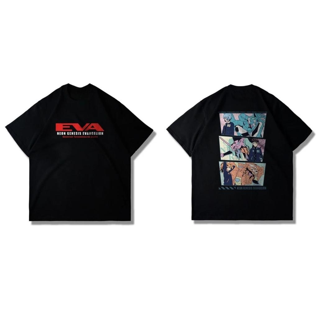Stylisches Schwarzes Baumwoll-T-Shirt mit Neon Genesis Evangelion EVA-Logo und ikonischen Einheiten 00/01/02 Print für Damen und Herren