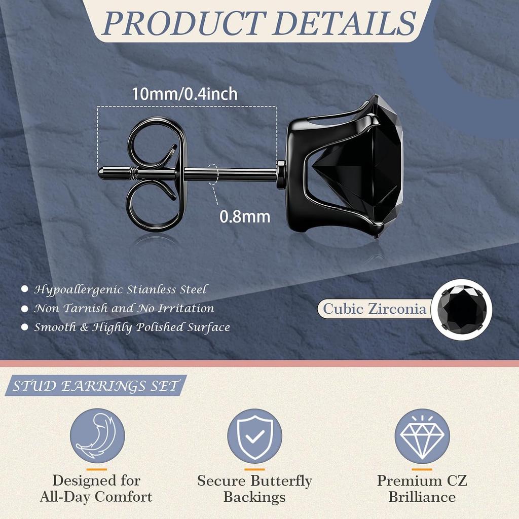 10 Pairs Stud Earrings for Men Women Hypoallergenic Stainless Steel Earrings Studs Clear Round CZ Earring Studs Cartilage Helix Tragus Earring Set