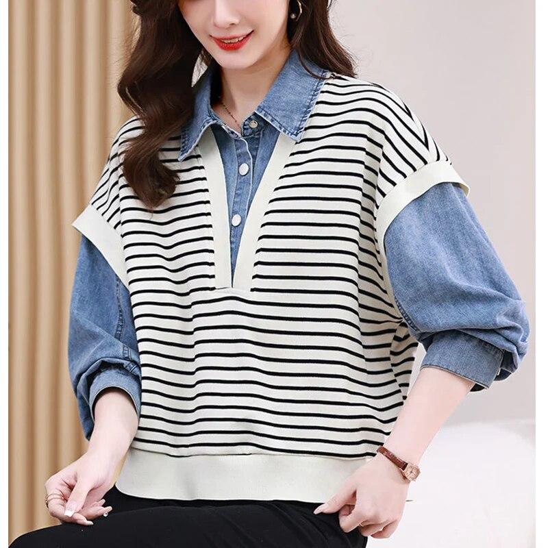 Spring Autumn Fake Two Pieces Knitting Demin Patchwork Shirt Ladies Long Sleeve Vintage All-match Vest Blouse Women's Clothing