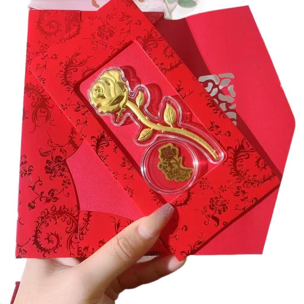 Golden Rose Red Envelope Gift Box - Creative Festival, Valentine’s Day, Wedding Party Favors, High-Grade Hot Stamping.