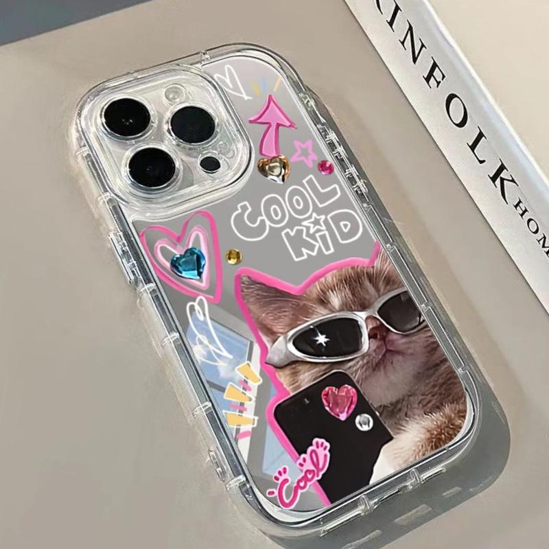 Cool Cat Pattern Phone Case For iPhone 11 12 13 14 15 16 17 Pro Max 16e 17e X XR XS Max 7 8 Plus Mirror Back Shockproof Cover