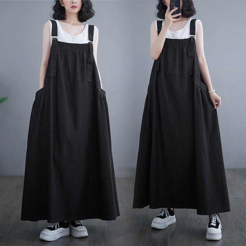 Spring, Summer, Autumn and Winter Craft Denim Fried Color Color Retro Loose and Skinny Denim Strap Skirt Long Pendulum