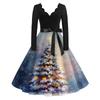Damen Casual Mode V-Ausschnitt Langarm Weihnachten Bedruckt Party Vintage Lange Kleider