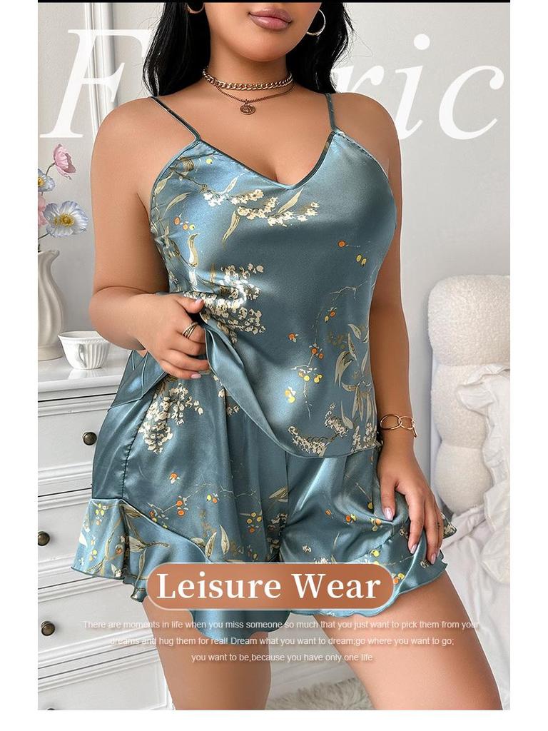 Plus Size European & American Ice Silk Print Pajamas - Fashionable Casual Homewear for Women