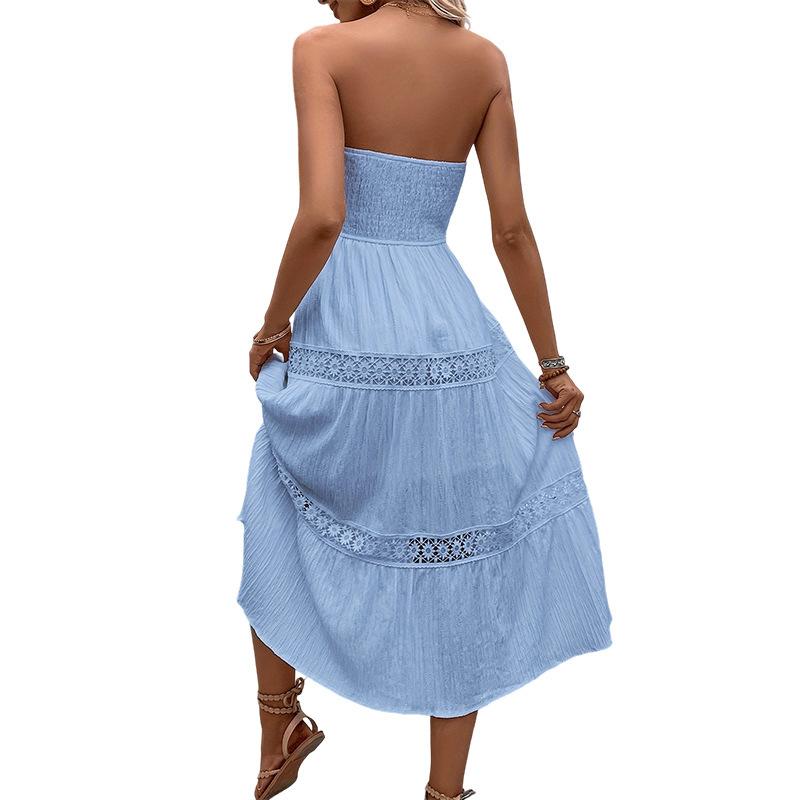tube top waist dress lace splicing women's European and American style pleated big swing skirt seaside vacation style medium and long dress
