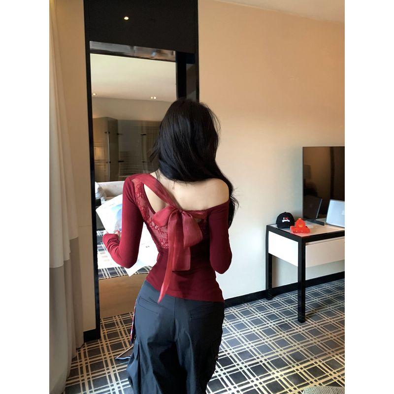 Kumikumi Gyaru Style White Lace Stitching off-the-Shoulder T-shirt Women Autumn New Age-Reducing Chic Slimming Top