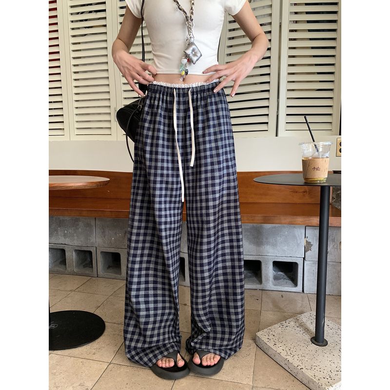 Kumikumi Idle Style Retro Gingham Elastic Waist Casual Pants Women's Clothing Autumn Stitching Lace Drooping Wide-Leg Pants
