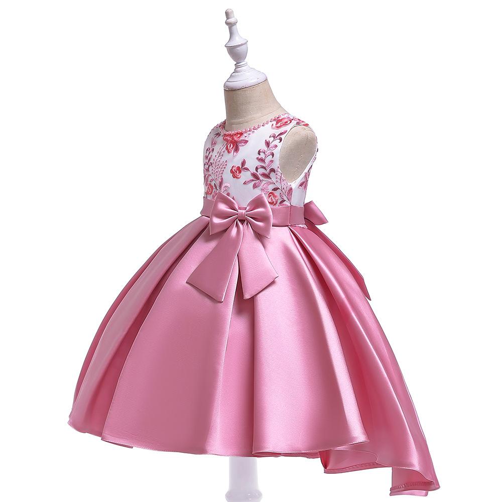 Girls Beaded Embroidery Flower Dress Wedding Party Trailing Gown Kids Bowknot Tutu Costume
