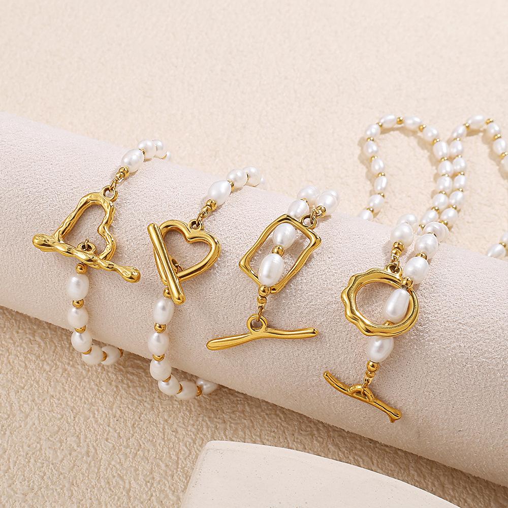 Stainless Steel Freshwater Pearl OT Buckle Necklace Bracelet Set Simple Gold Plated Necklace Bracelet