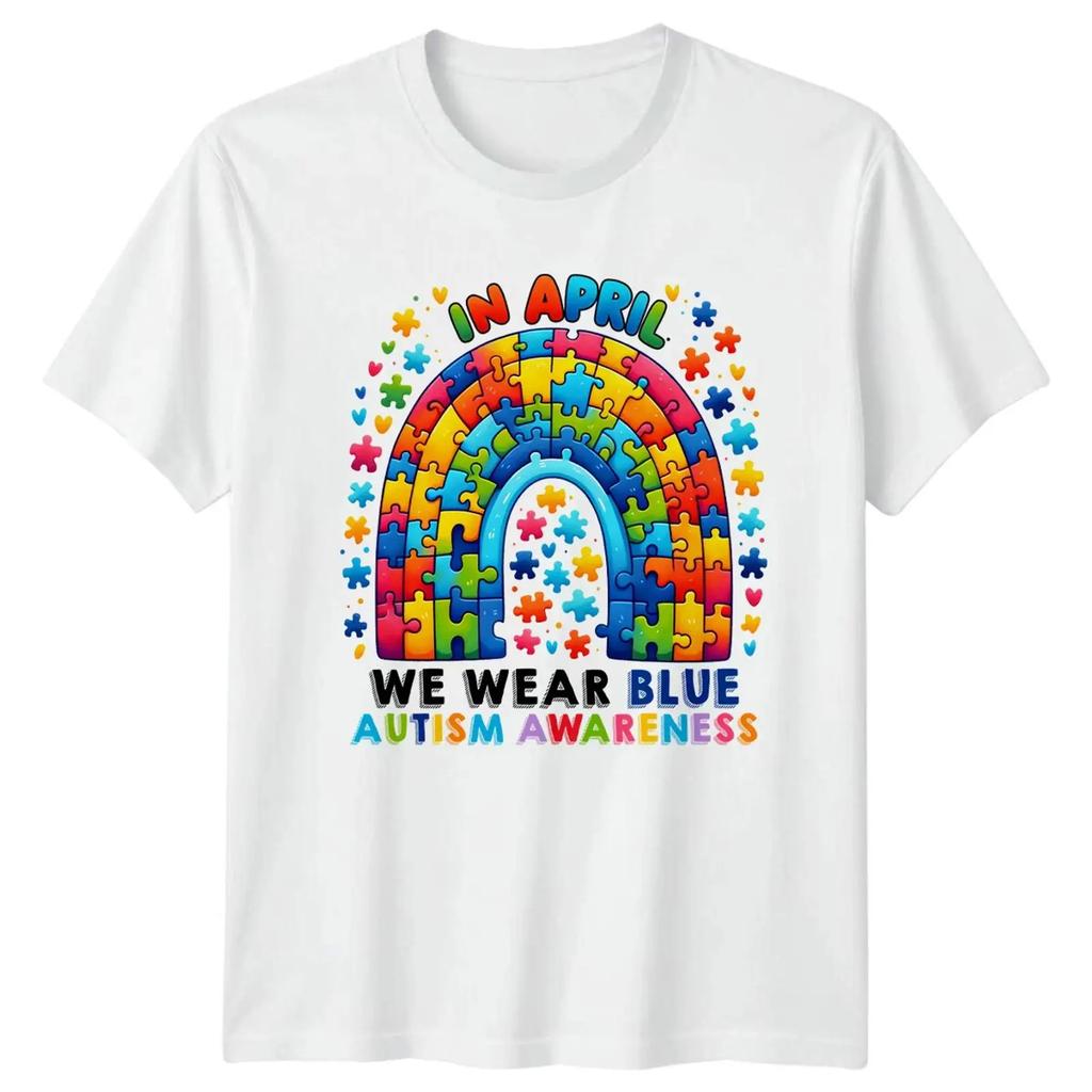 Im April Tragen Wir Blau Autism Awareness Regenbogen Puzzle T Shirt Vintage Versatile Stretched Stylish Casual Homme