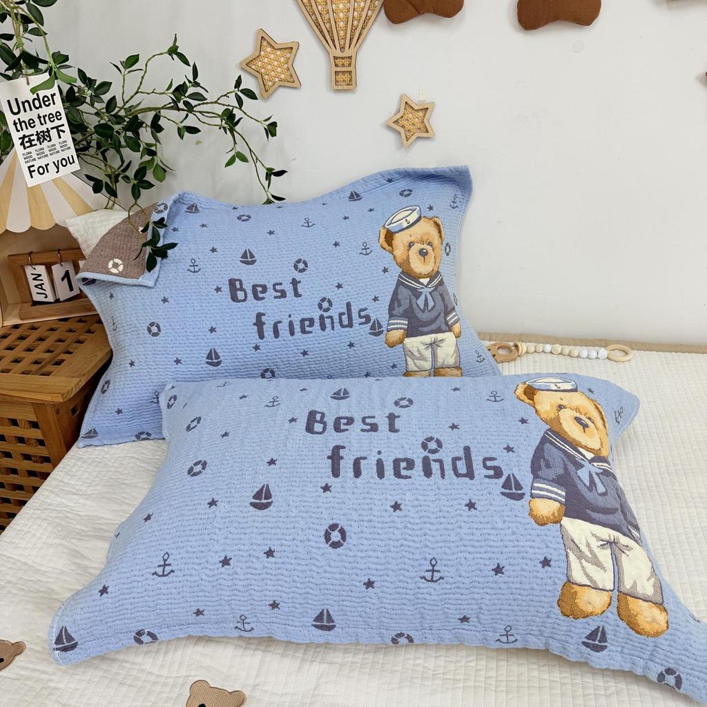 Cartoon Cotton Gauze Pillowcase Set: Soft, Breathable, Sweat-Absorbent Pillow Covers.