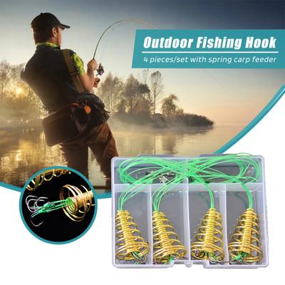 4Pcs/Set Trap Fishing Hook with Spring Carp Feeder Tangle-Free Heavy Duty Green Line