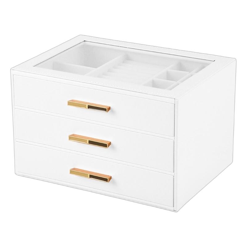 

Jewelry Storage Box with Three Compartments Glass Access Lid PU Materials Cover Soft Velvets Cushioning белый