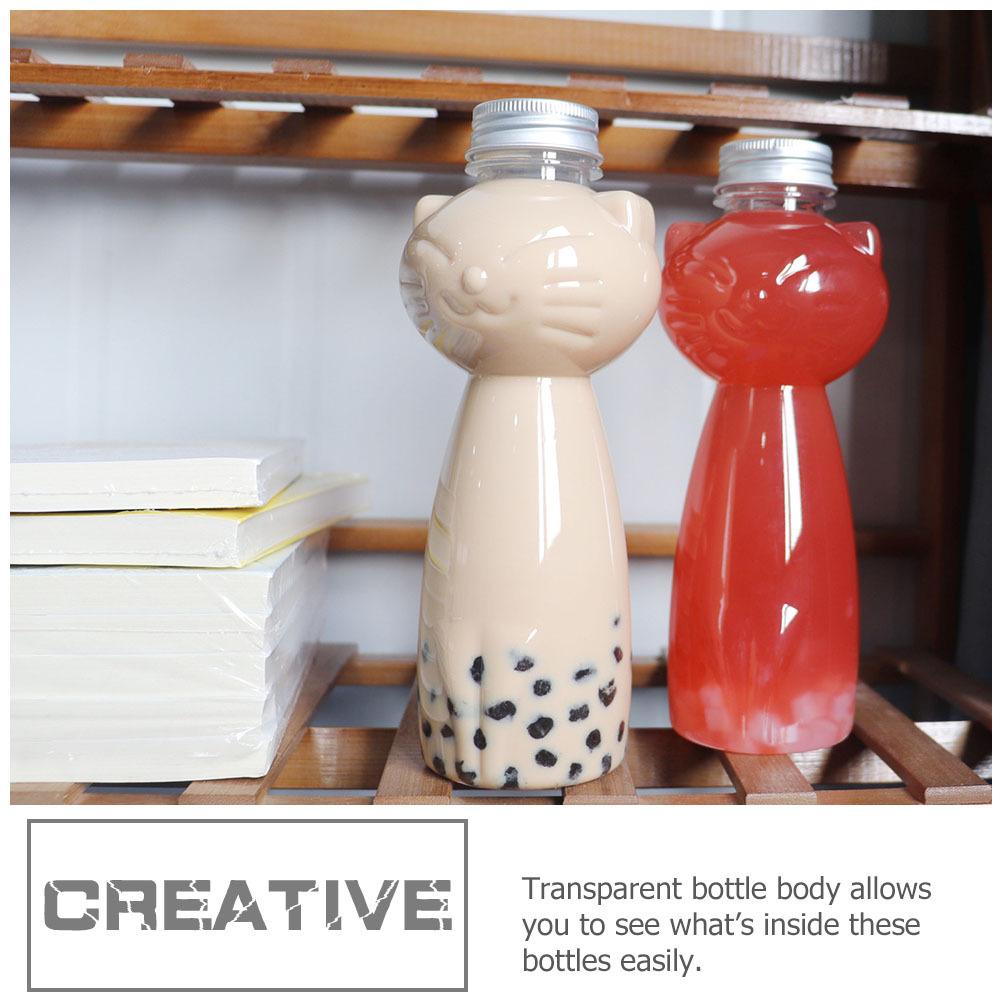 Cat Design 5Pcs Transparent PET Juice Bottles Reusable Leakproof Beverage Containers for Juicing Drinks Milktea Water Storage