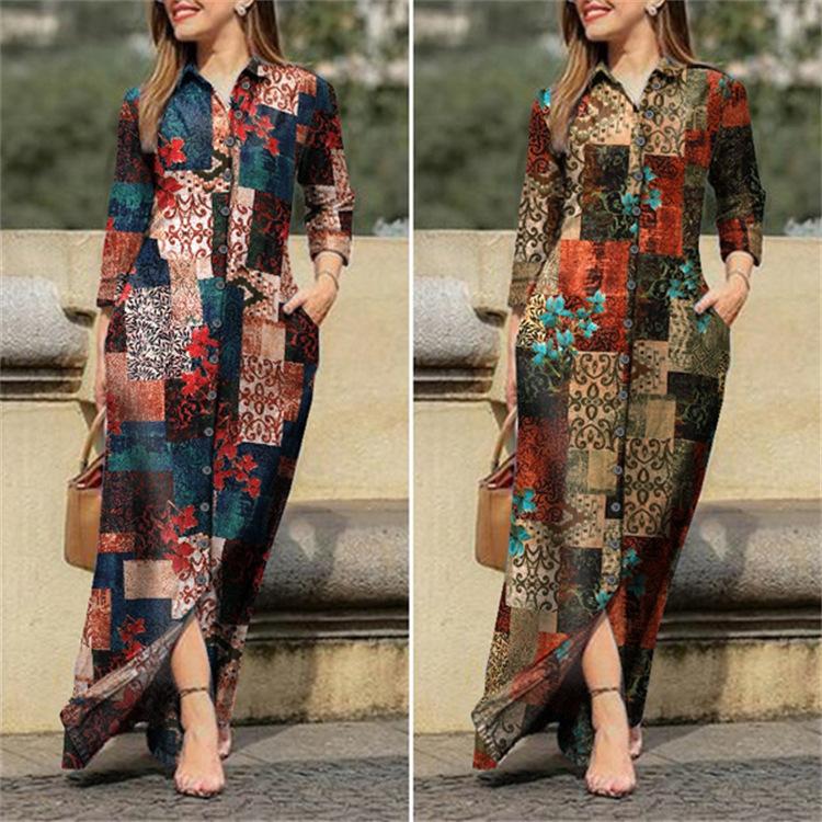 Dames Feestelijk Casual Revers Badjas Lange Bloemenprint Katoenen Jurk Knopenhemd Lange Casual Jurk