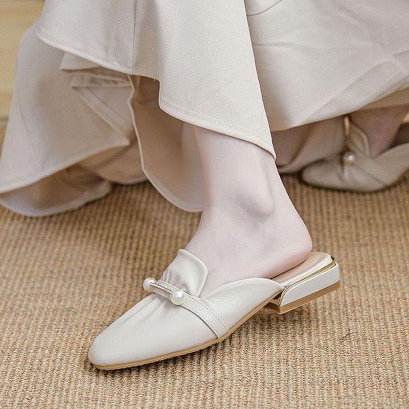 WTEMPO Women's Spring and Summer Square Toe Slippers Thick Low Heel Wrapped Toe Pearl Beige Rhinestone Pleated Soft Sole Soft Leather Slip-on Sandals