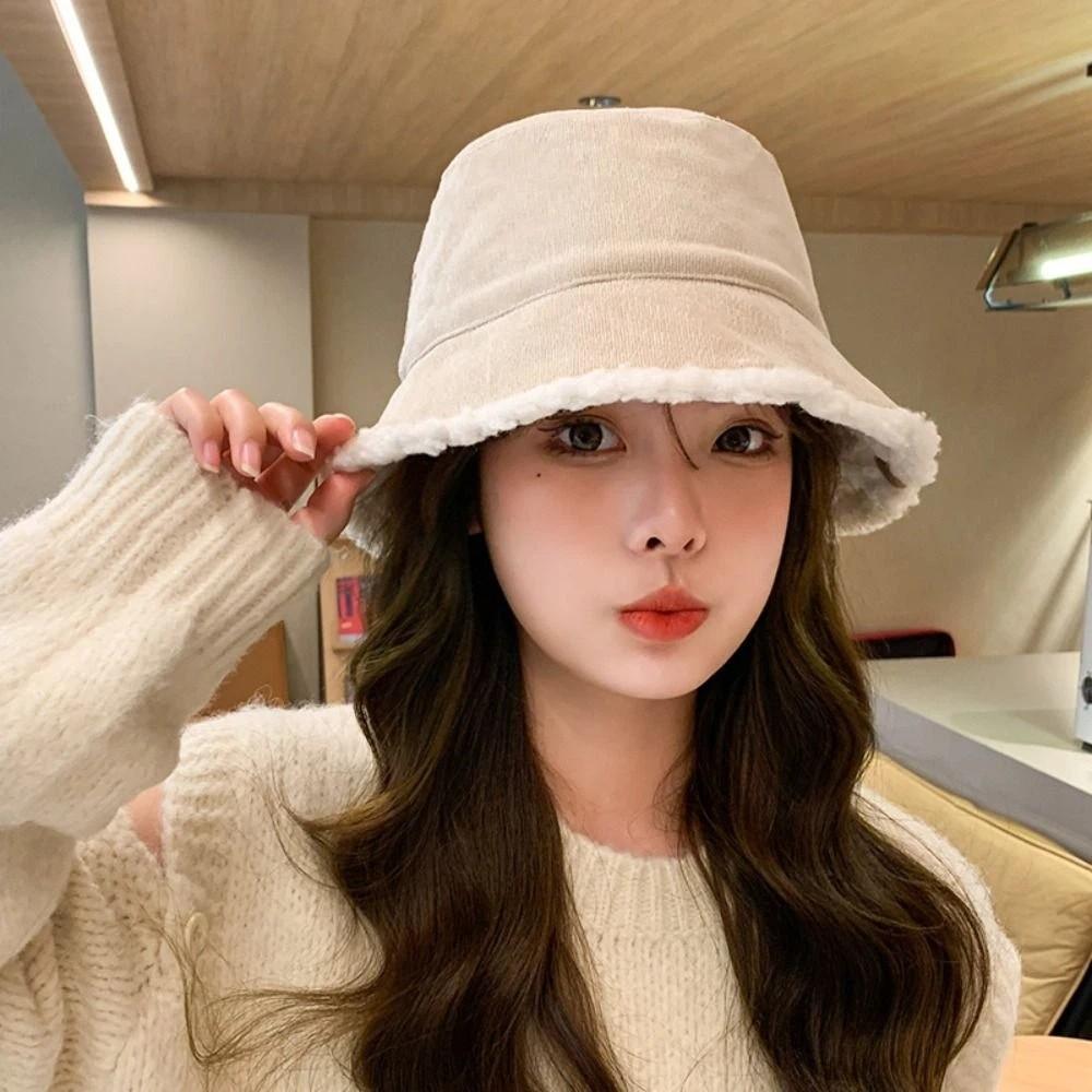 Casual Lamb Wool Bucket Hat Sun Protection Female Hats Winter Soft Plush Fishman Hat  Girl