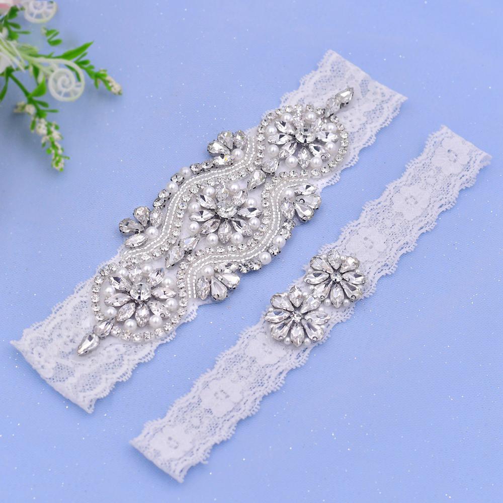 Set de jartiere cu strasuri de cristal clare și perlă albă pentru bal mireasa domnișoară de onoare din dantela elastică sexy de nuntă