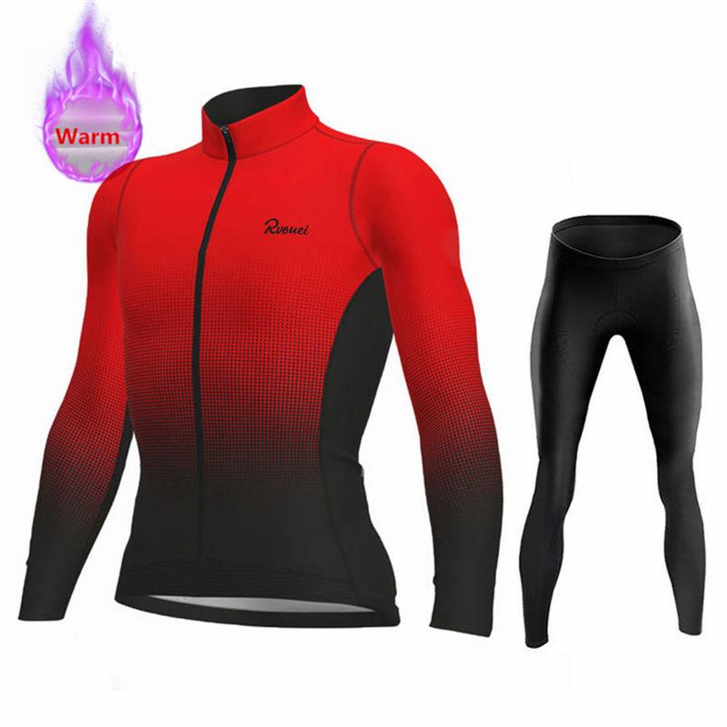 Rvouei Winter Lange Mouw Thermisch Fleece Fietsjersey Set Koersbroek Ropa Ciclismo Fietskleding MTB Fietsjersey Uniform