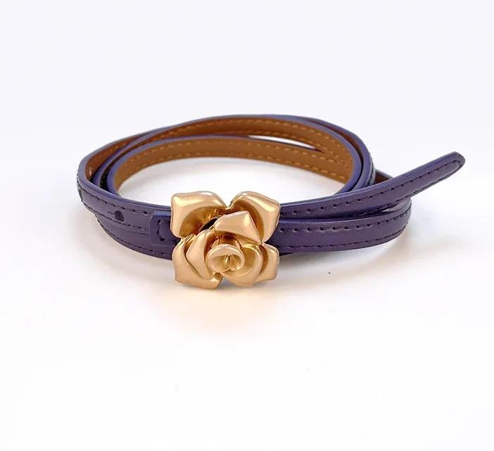 1.0cm New Unique Rose Genuine Leather Gold Belt Women Fashion Cowskin Flower Thin Belts Female Jeans Dress Waistband