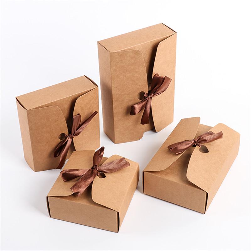 10Pcs Kraft Paper Gift Boxes With Bows For Nougat Handmade Biscuits Christmas Candy Packaging Baby Shower Party Supplies